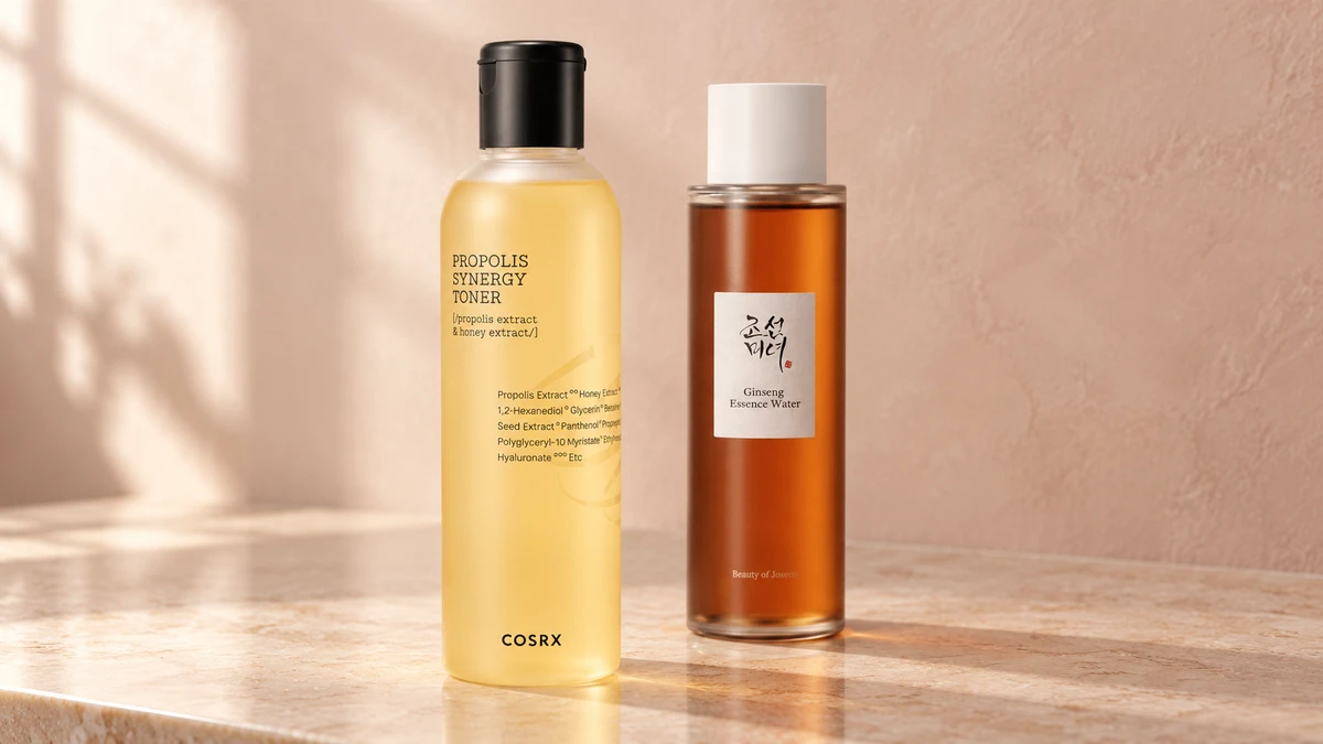 COSRX Propolis Synergy Toner and Beauty of Joseon Ginseng Essence Water together on a sunlit vanity
